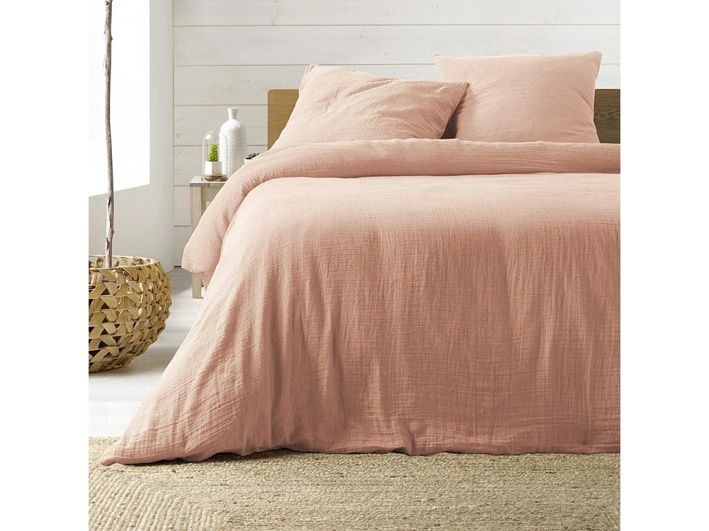 Parure de lit Housse de couette 2 personne + 2 taies d'oreiller en gaze de coton 240 x 220 cm coloris rose