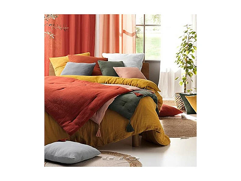 Parure de lit Housse de couette 2 personne + 2 taies d'oreiller en gaze de coton 240 x 220 cm coloris rose