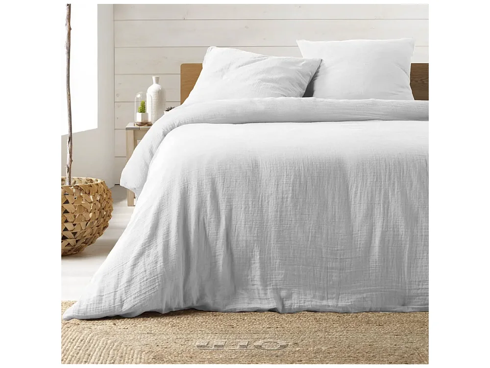 Parure de lit Housse de couette 2 personne + 2 taies d'oreiller en gaze de coton 240 x 220 cm coloris blanc