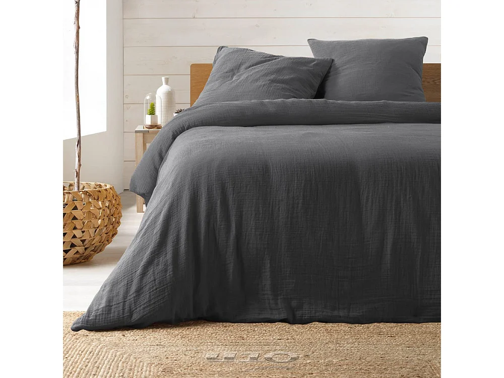 Parure de lit Housse de couette 2 personnes + 2 taies d'oreiller en gaze de coton 240 x 220 cm coloris anthracite