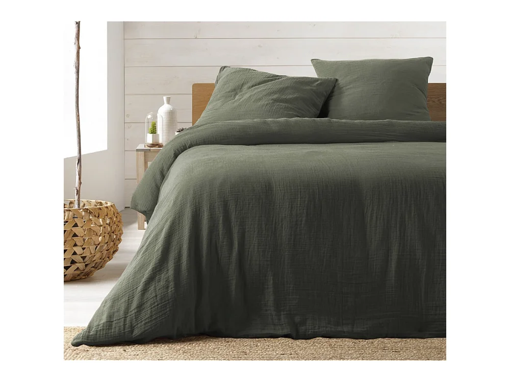 Parure de lit Housse de couette 2 personne + 2 taies d'oreiller en gaze de coton 240 x 260 cm coloris kaki