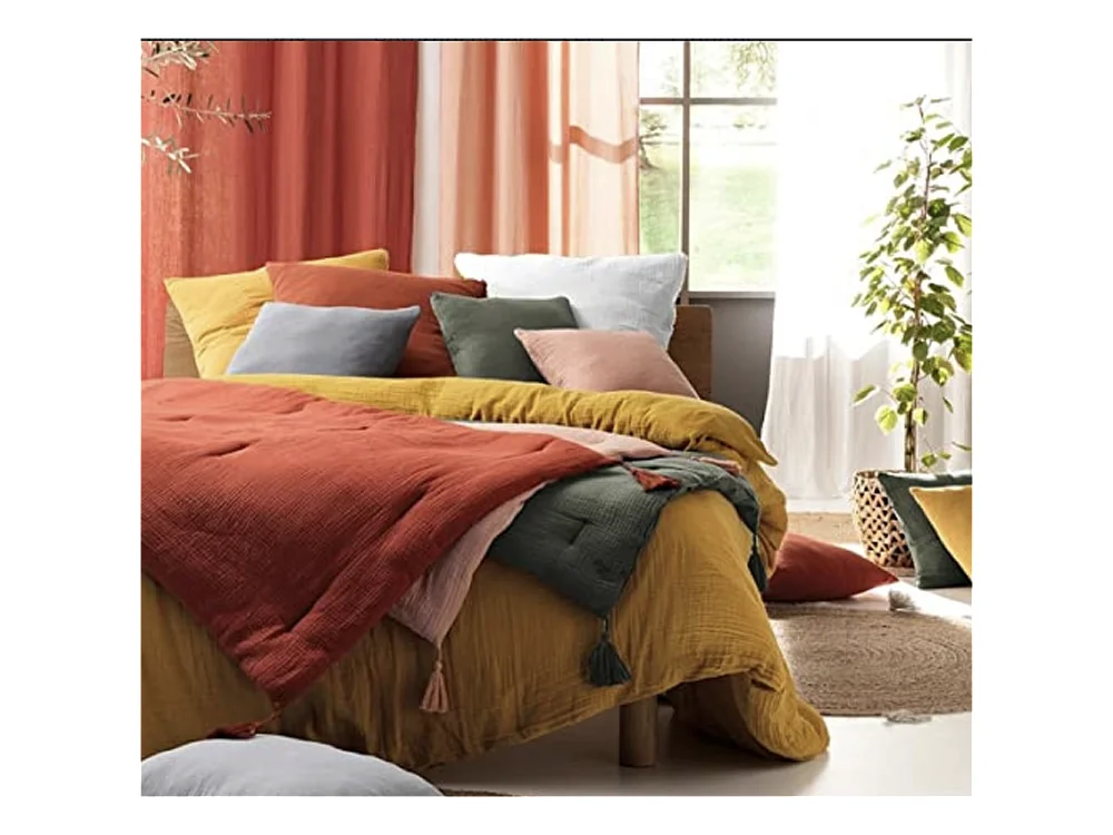 Parure de lit Housse de couette 2 personne + 2 taies d'oreiller en gaze de coton 240 x 260 cm coloris kaki