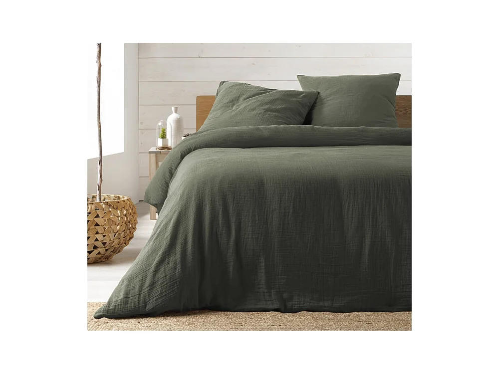 Parure de lit Housse de couette 2 personne + 2 taies d'oreiller en gaze de coton 240 x 260 cm coloris kaki