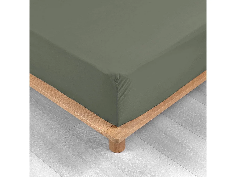 Drap-housse percale Extensible 140 x 190 cm, 100% Coton avec bonnet 30 cm coloris Kaki