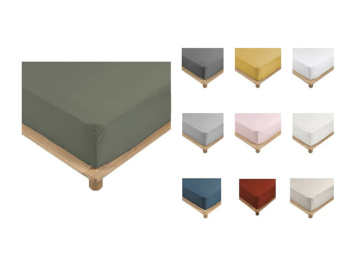 Drap-housse percale Extensible 160 x 200 cm, 100% Coton avec bonnet 30 cm Extensible coloris kaki