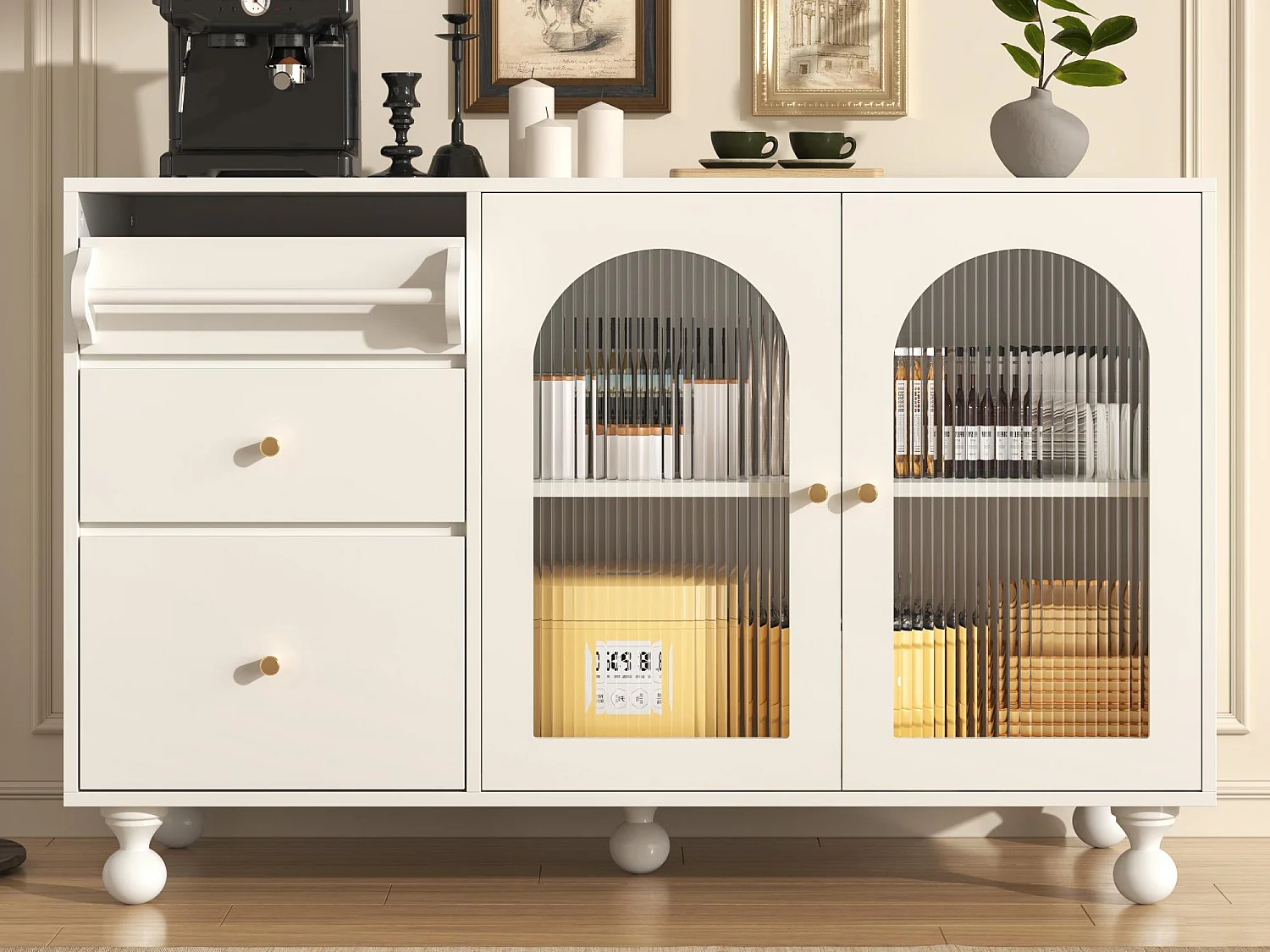 Aparador moderno - 2 portas de vidro e 3 gavetas - MDF - Branco