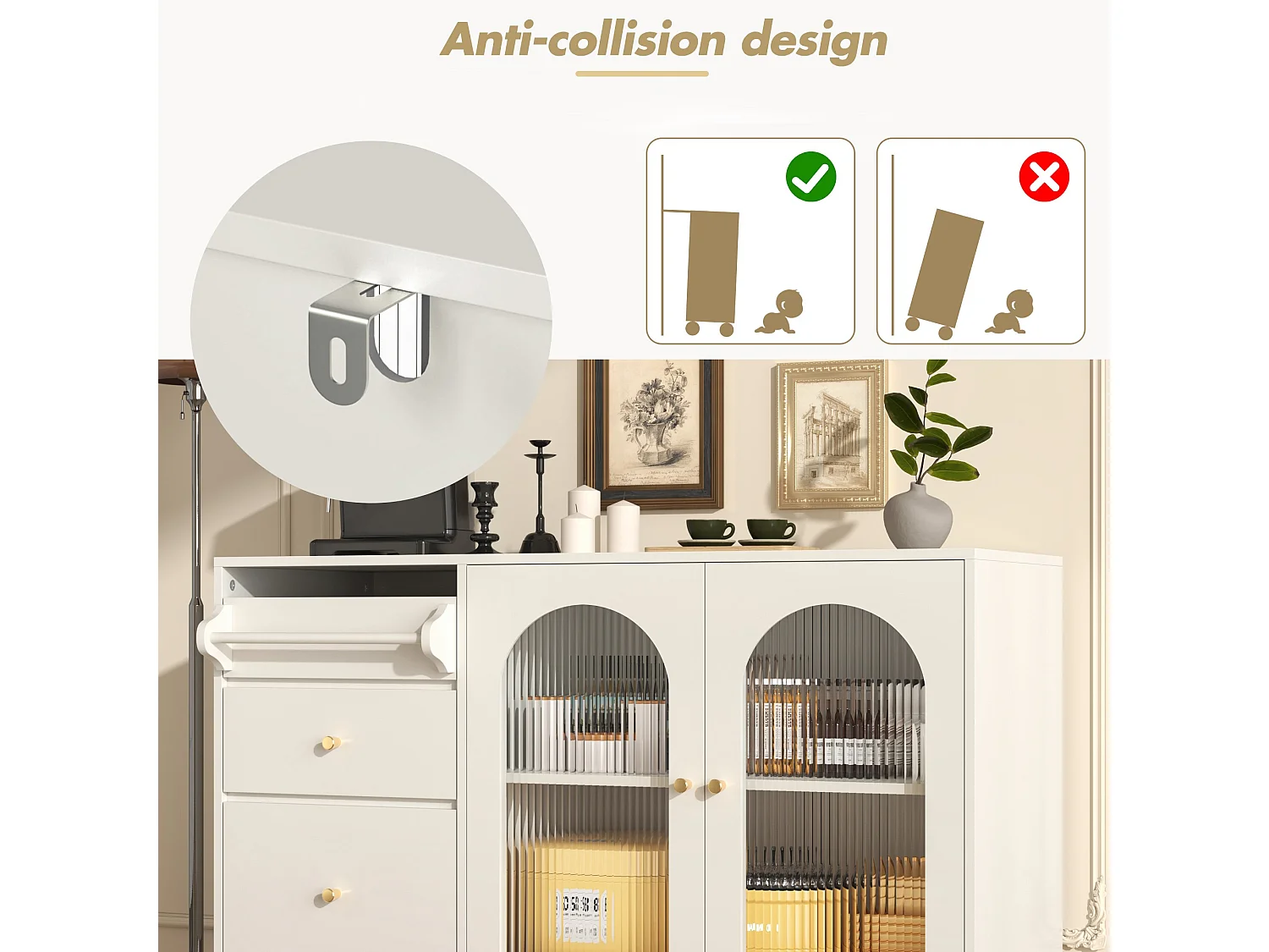 Aparador moderno - 2 portas de vidro e 3 gavetas - MDF - Branco