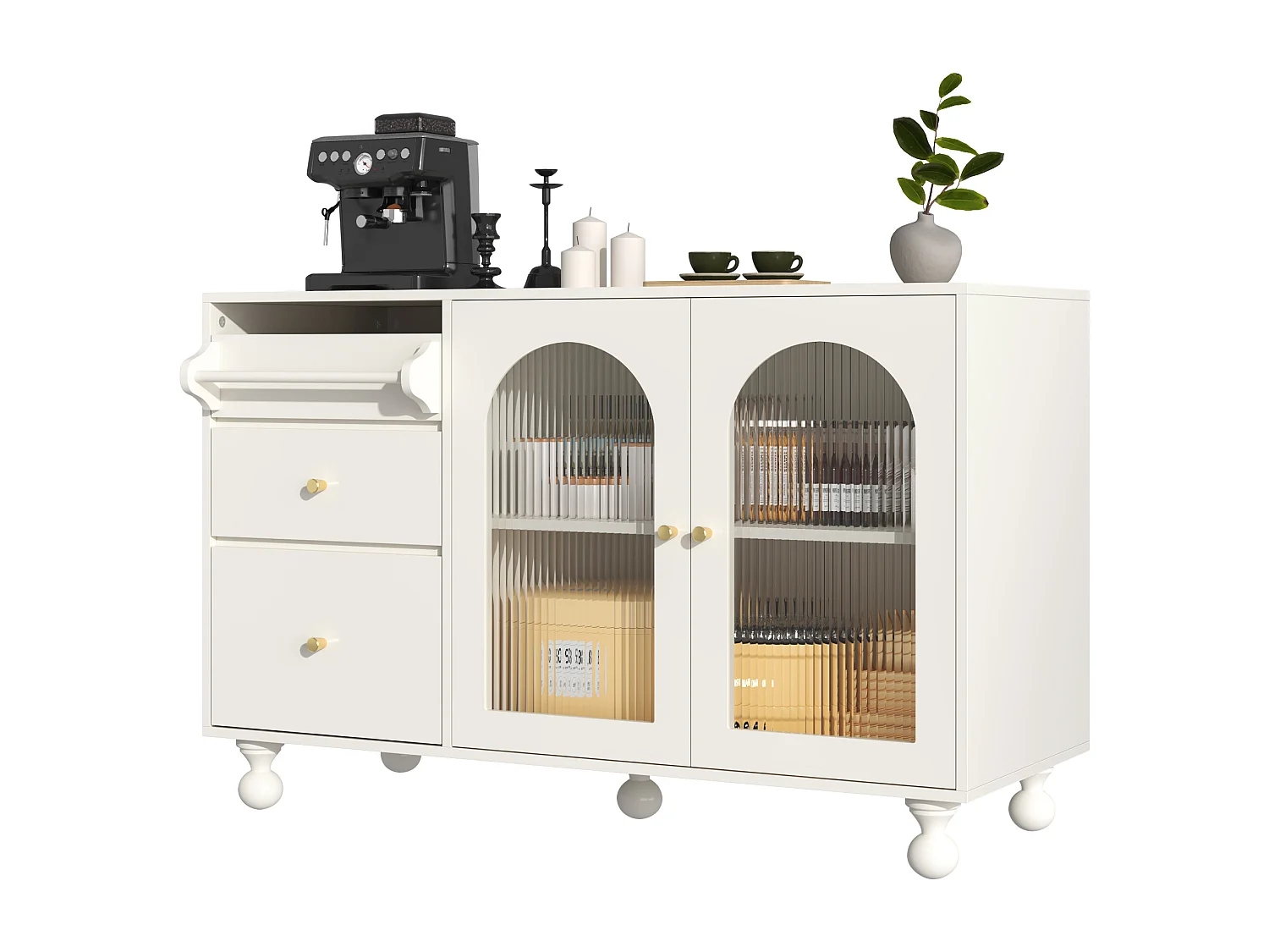 Aparador moderno - 2 portas de vidro e 3 gavetas - MDF - Branco