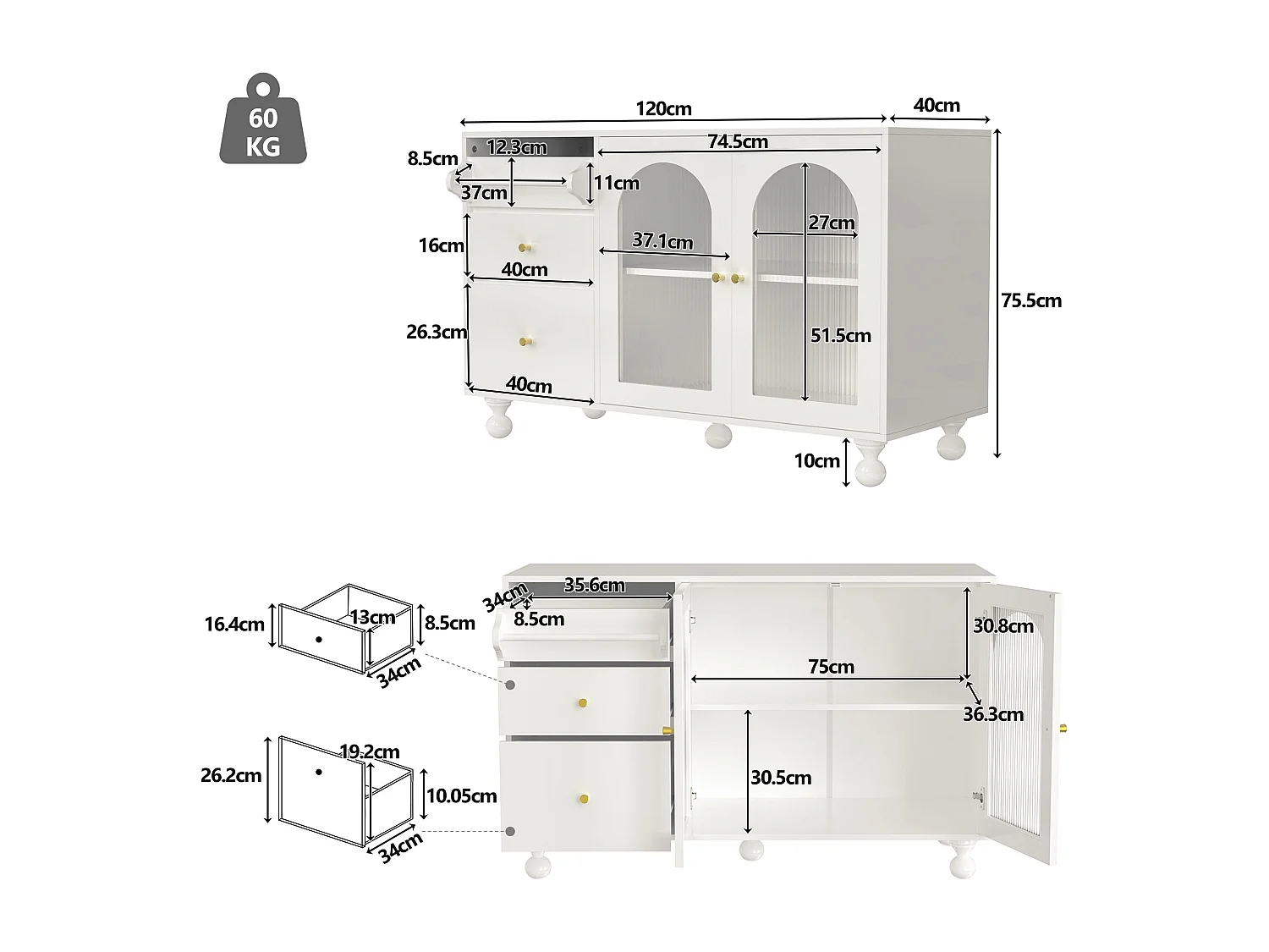 Aparador moderno - 2 portas de vidro e 3 gavetas - MDF - Branco