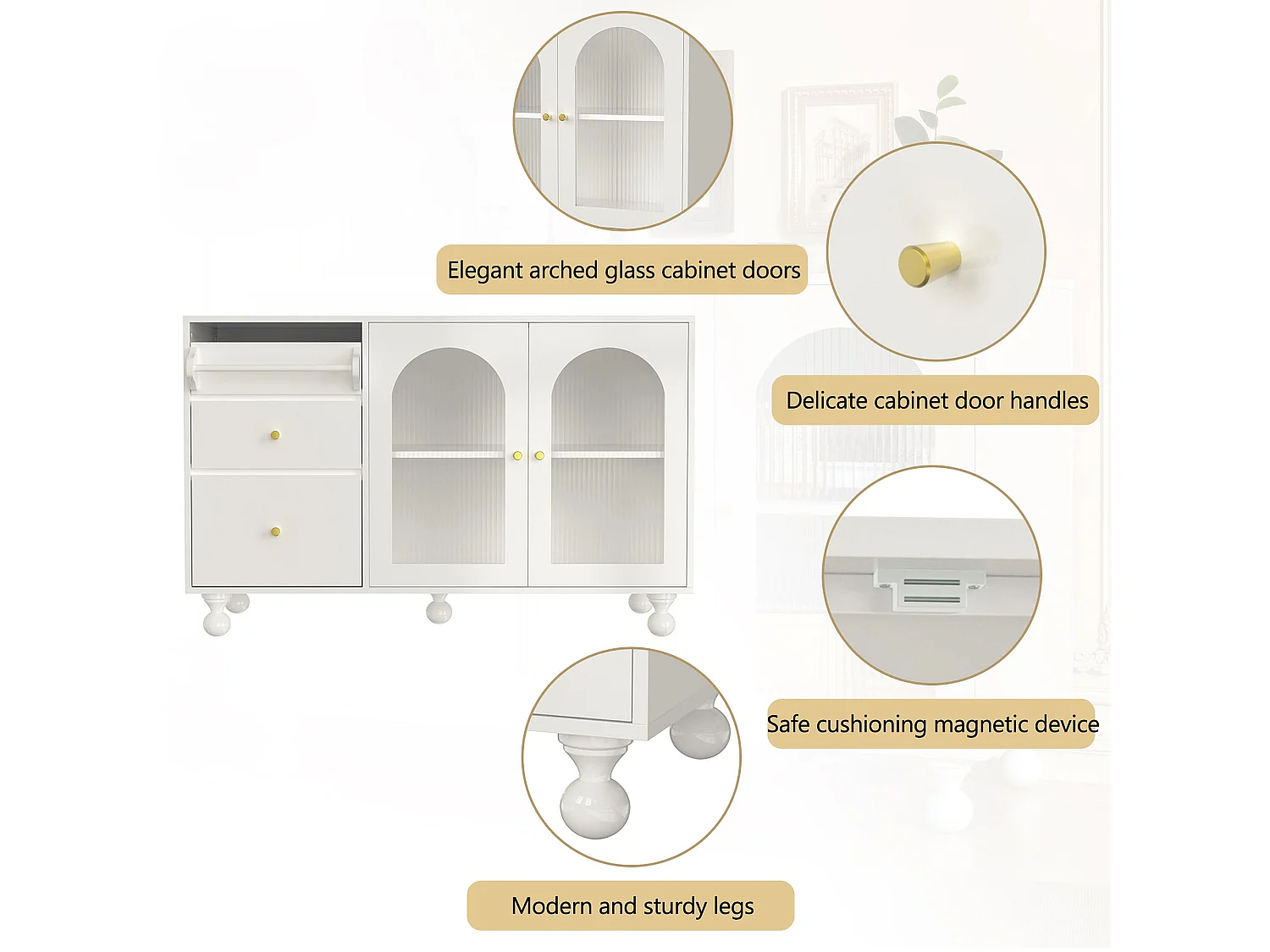 Aparador moderno - 2 portas de vidro e 3 gavetas - MDF - Branco