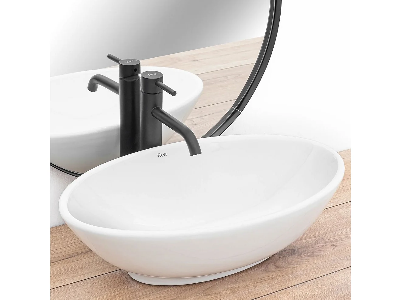 Set De Vasque À Poser Rea Pamela White + Robinet De Lavabo Lungo Black High + Bonde Black