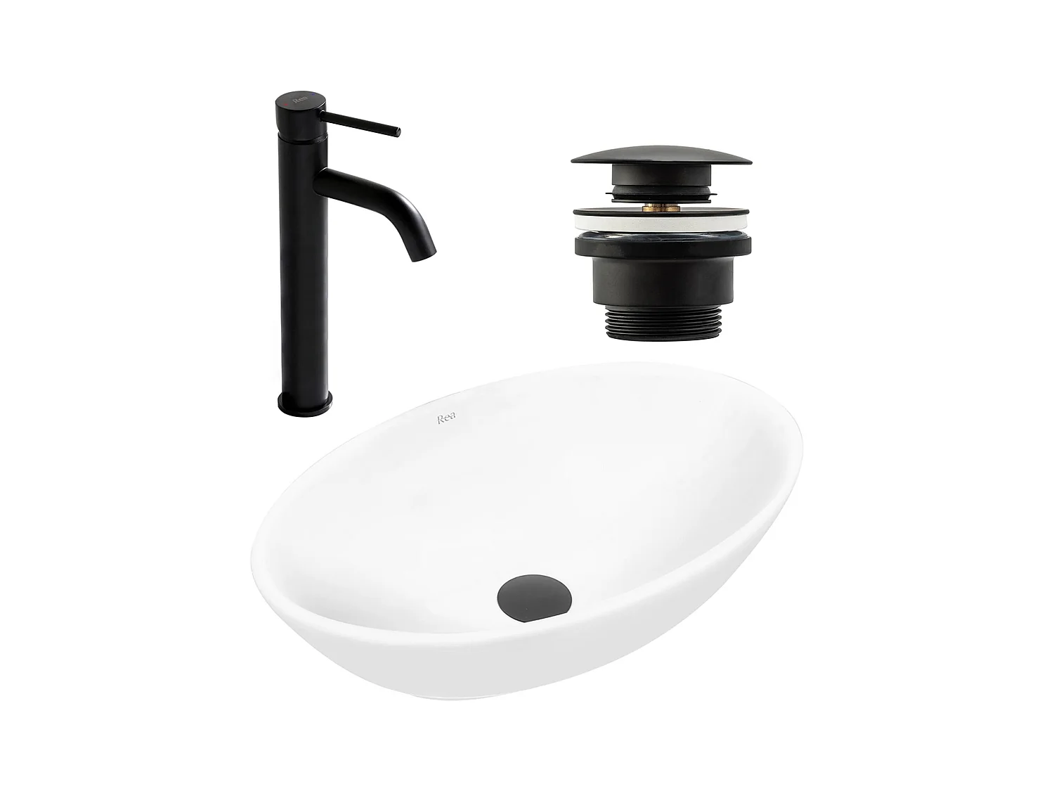 Set De Vasque À Poser Rea Pamela White + Robinet De Lavabo Lungo Black High + Bonde Black