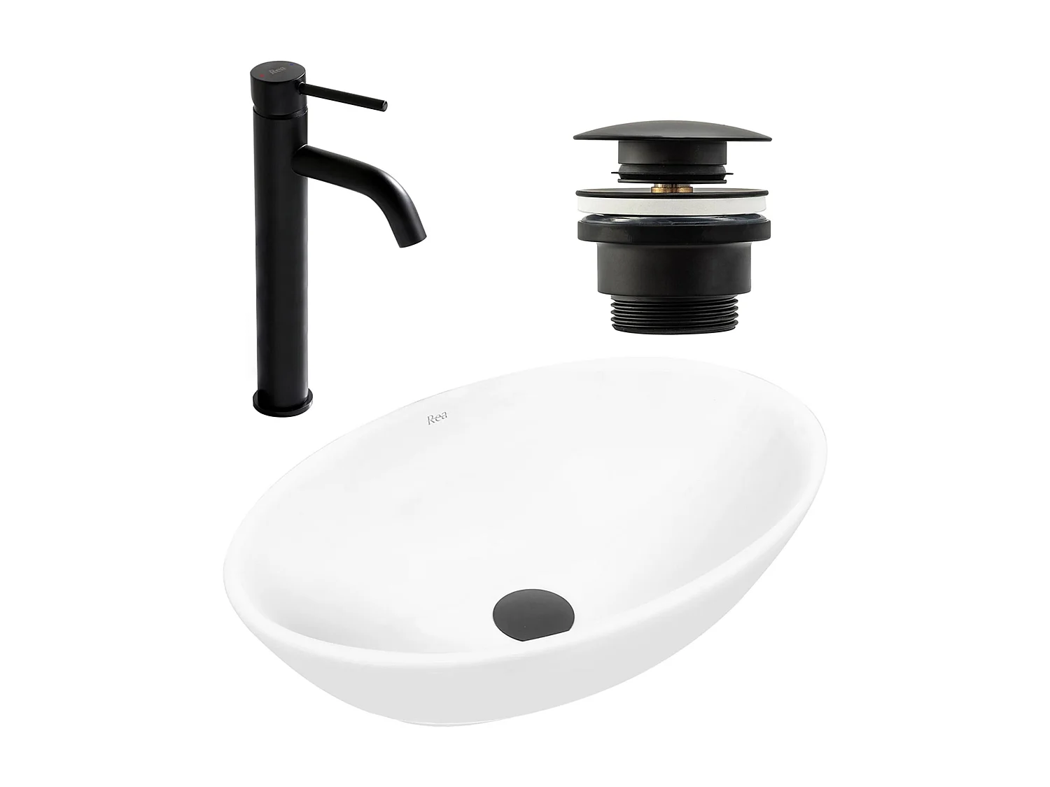 Set De Vasque À Poser Rea Pamela White + Robinet De Lavabo Lungo Black High + Bonde Black