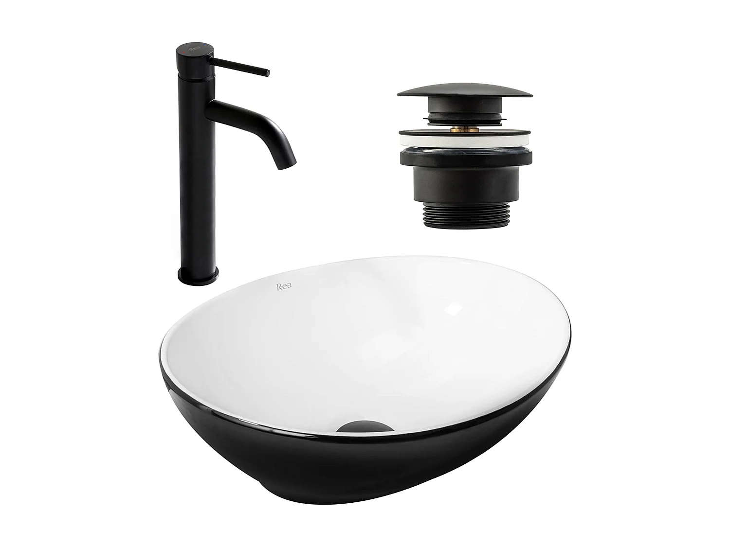 Set De Vasque À Poser Rea Sofia Black + Robinet De Lavabo Lungo Black High + Bonde Black