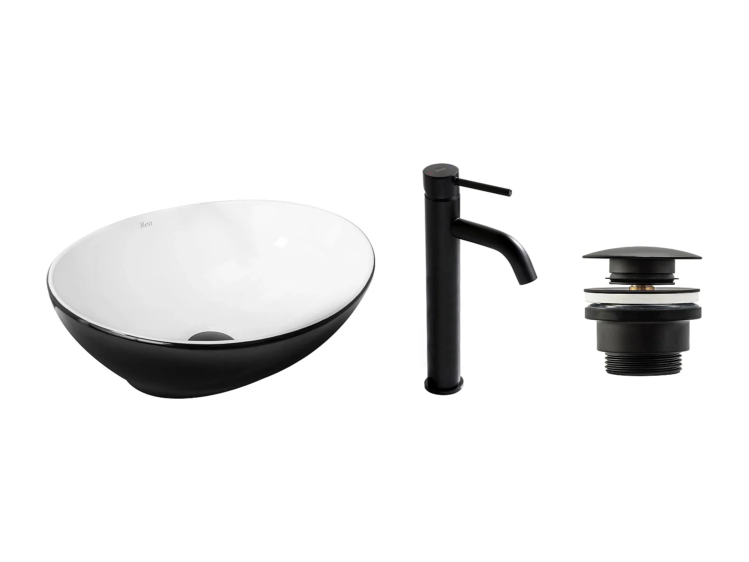 Set De Vasque À Poser Rea Sofia Black + Robinet De Lavabo Lungo Black High + Bonde Black