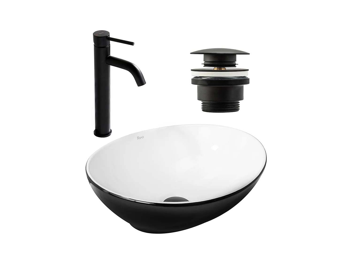 Set De Vasque À Poser Rea Sofia Black + Robinet De Lavabo Lungo Black High + Bonde Black