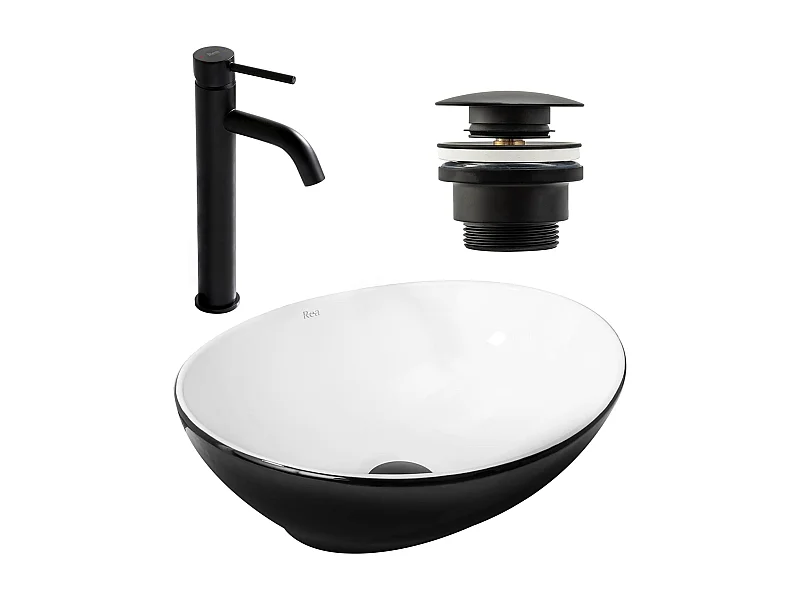 Set Lavatório De Apoio Rea Sofia Black + Torneira Alta Lungo Black High + Rolha Universal Black