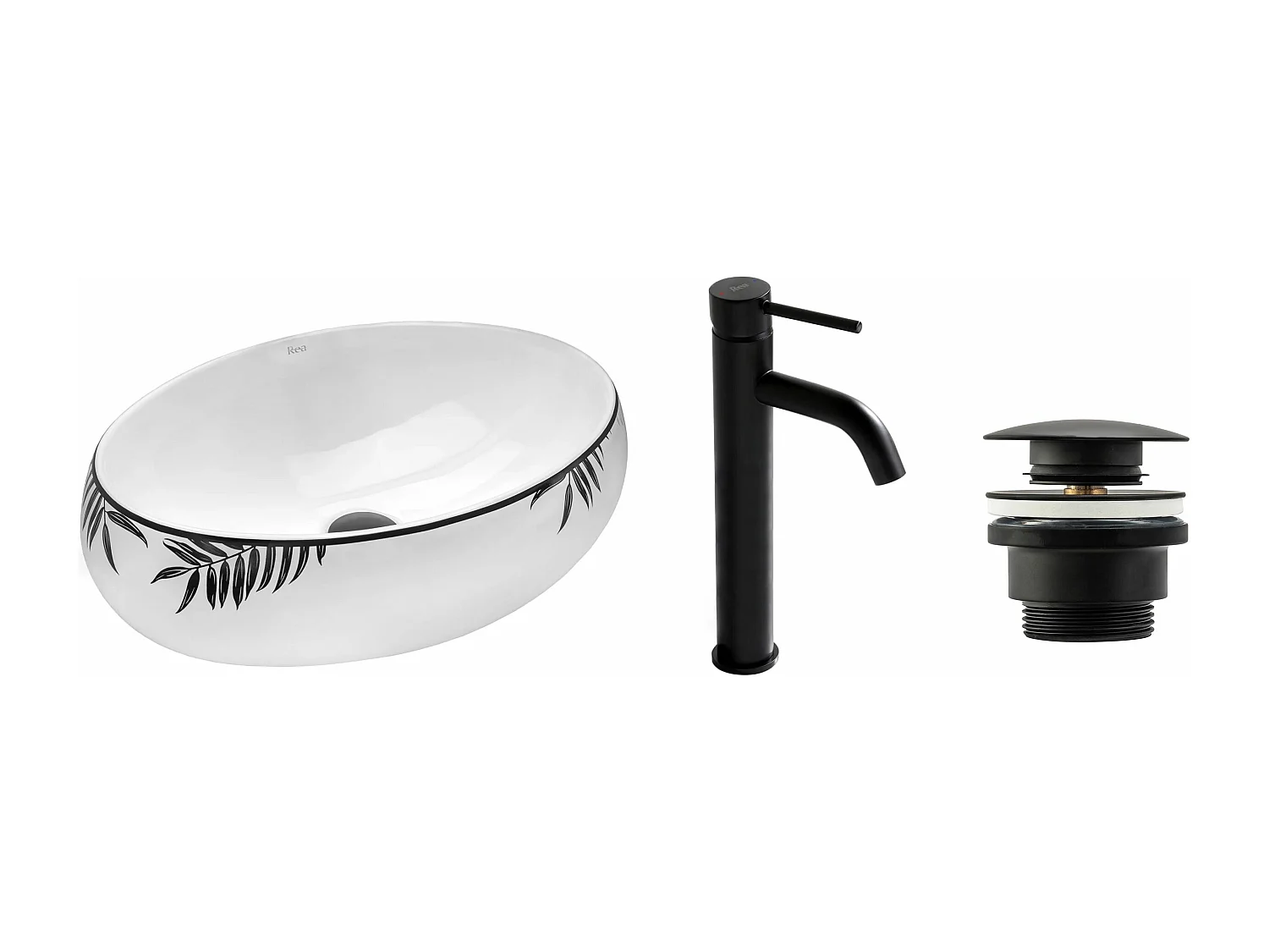 Set De Vasque À Poser Rea Shila Black + Robinet De Lavabo Lungo Black High + Bonde Black