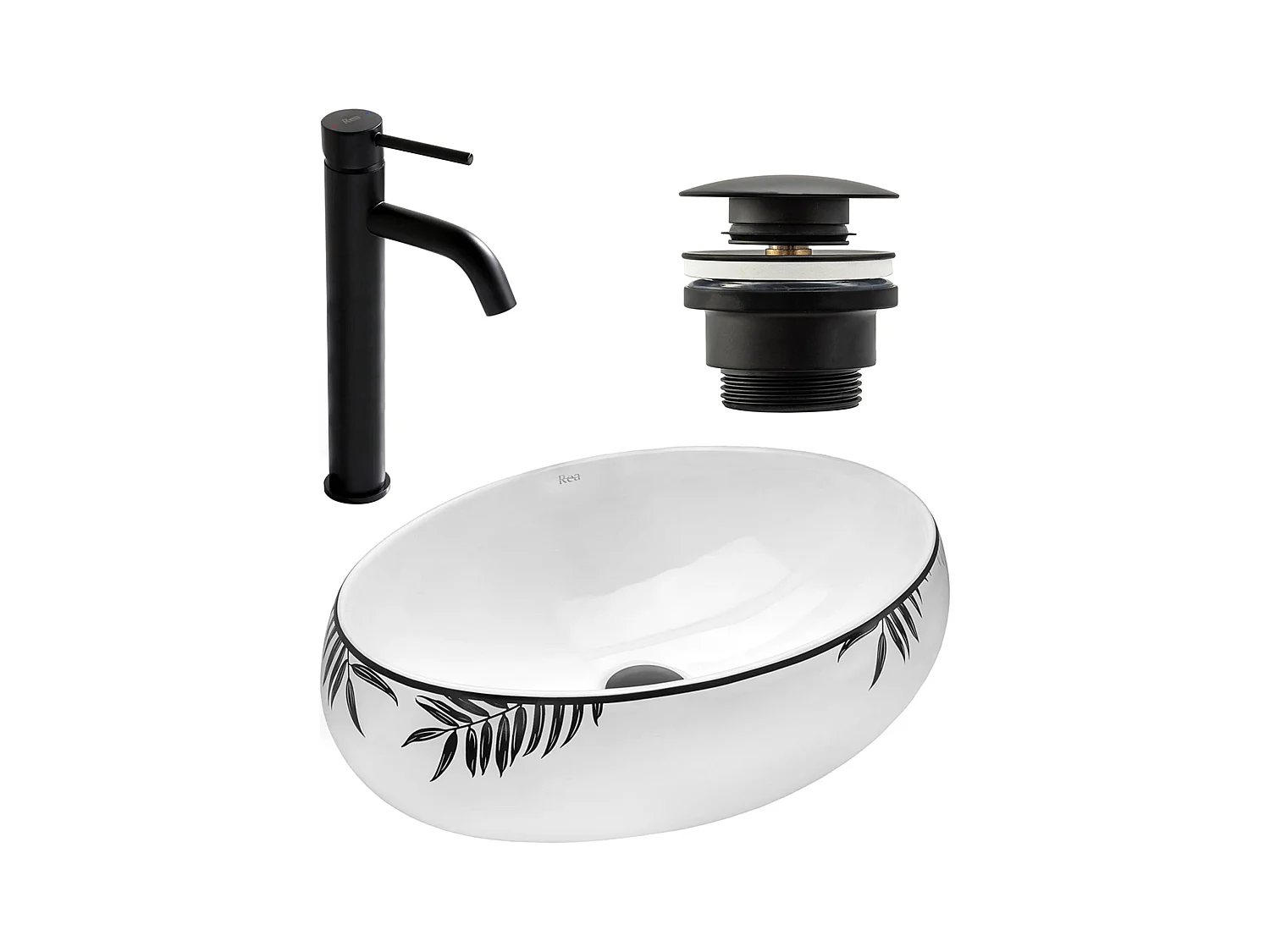 Set De Vasque À Poser Rea Shila Black + Robinet De Lavabo Lungo Black High + Bonde Black