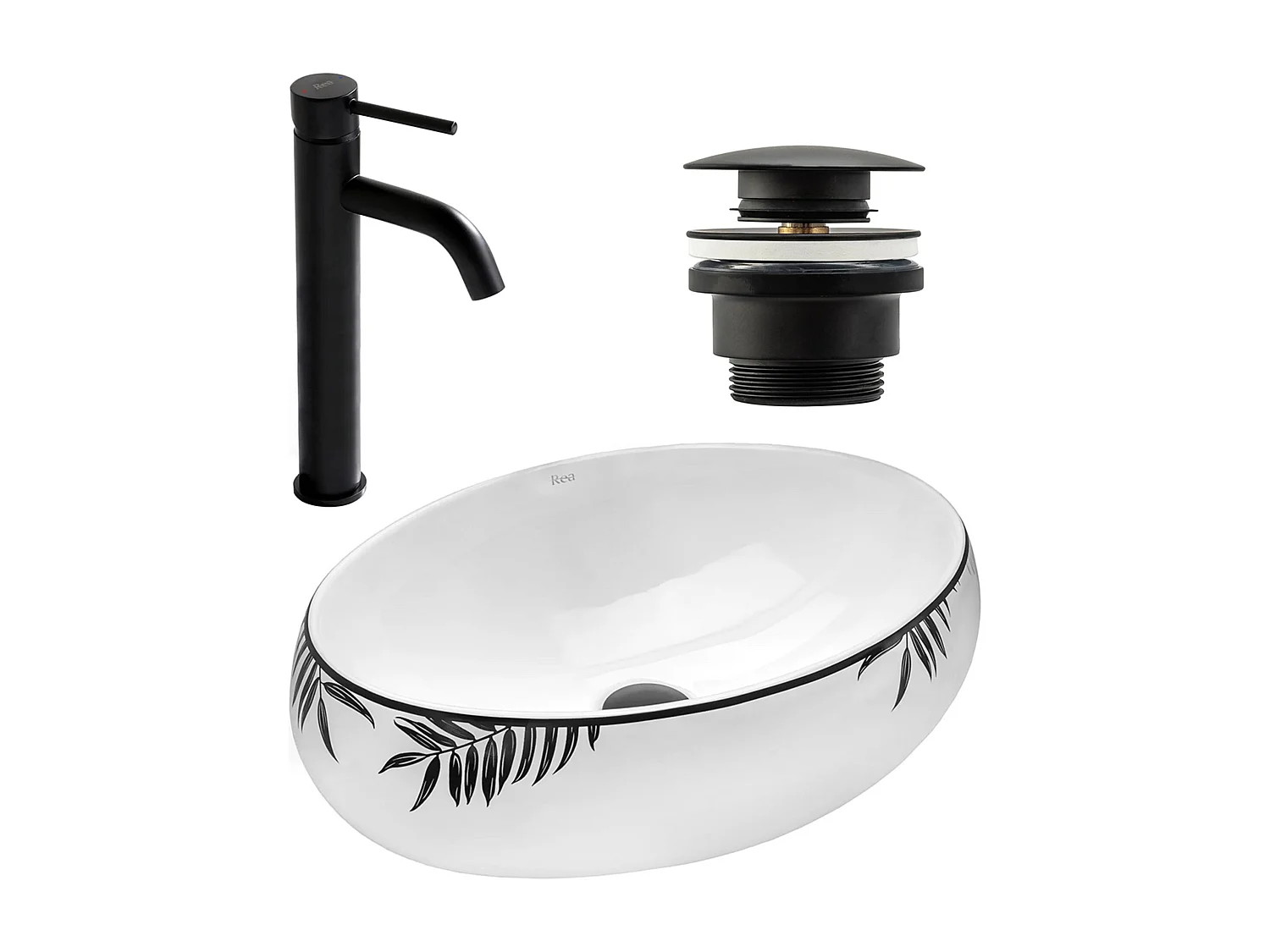 Set Lavabo Da Appoggio Rea Shila Black + Rubinetto Da Bagno Lungo Black High + Tappo Black