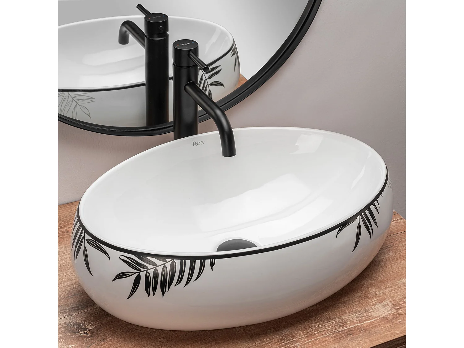 Set Lavabo Da Appoggio Rea Shila Black + Rubinetto Da Bagno Lungo Black High + Tappo Black