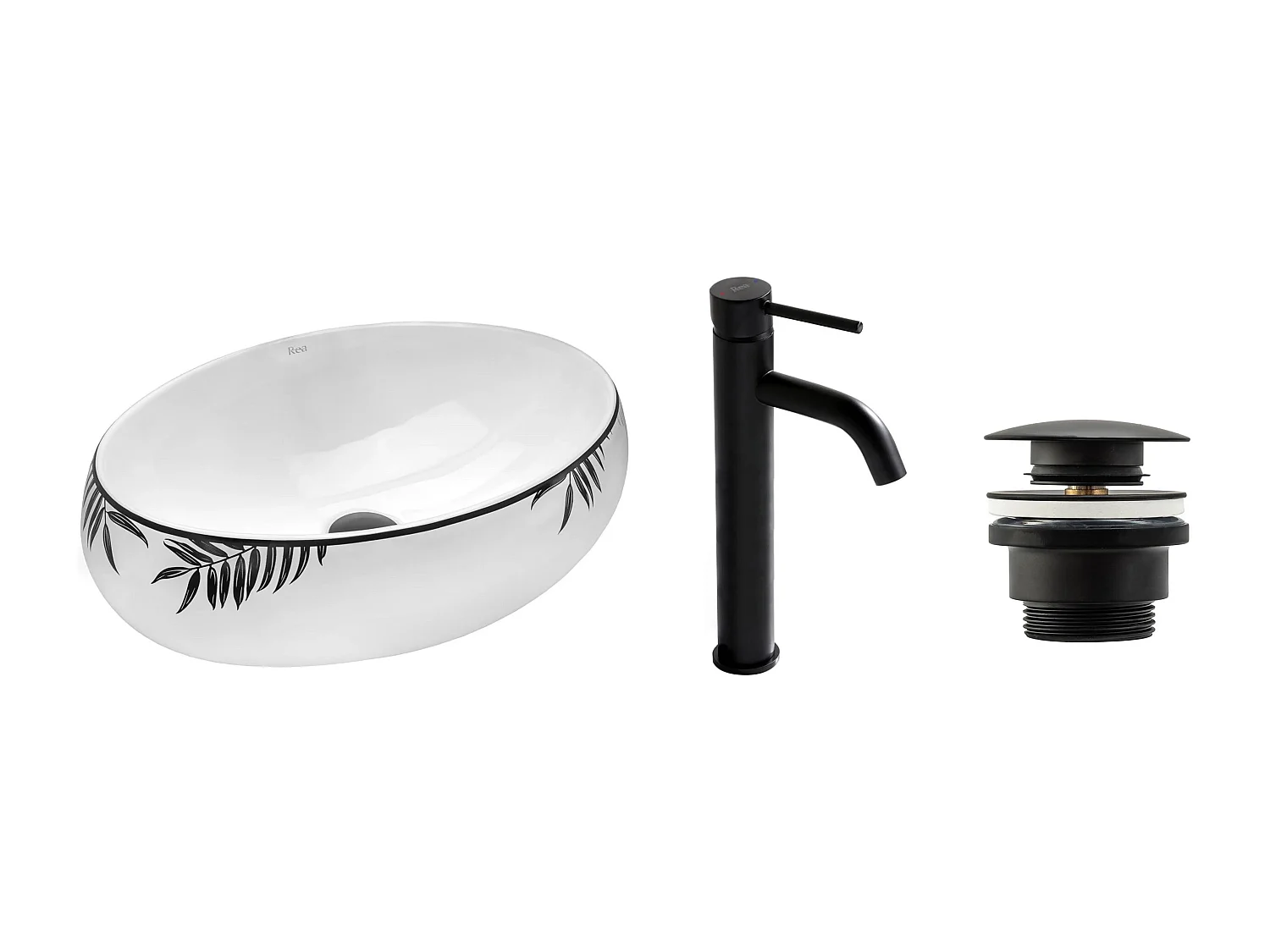 Set Lavabo Da Appoggio Rea Shila Black + Rubinetto Da Bagno Lungo Black High + Tappo Black