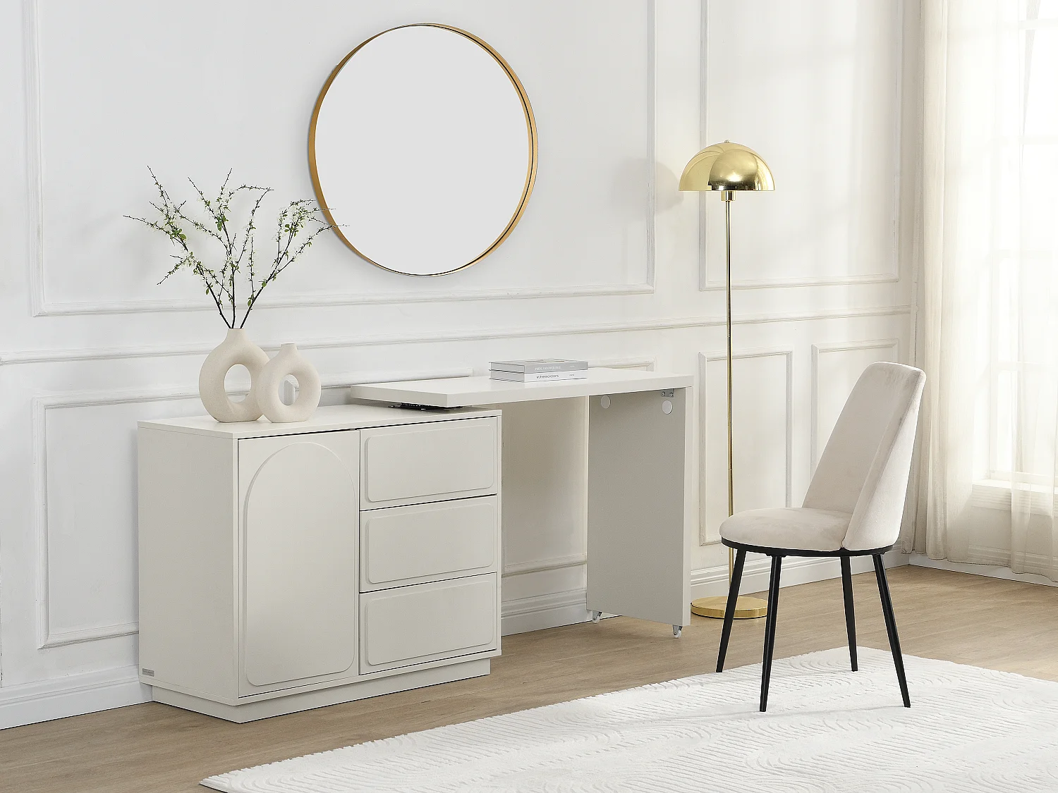 Coiffeuse avec angle pivotant - 3 tiroirs et 1 porte - MDF - Beige - VELANTO de Pascal Morabito