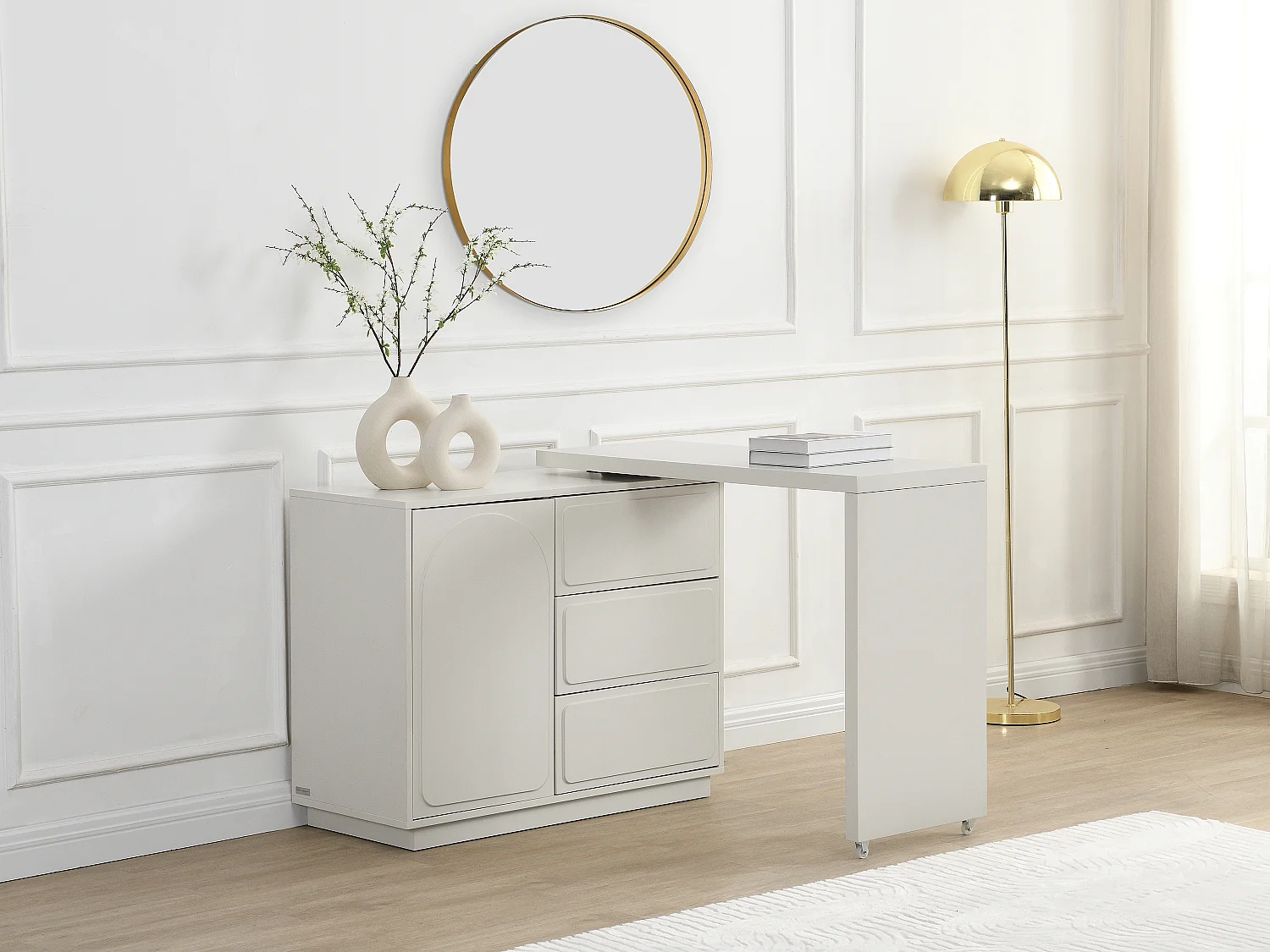 Toucador com canto giratório, 3 gavetas e 1 porta MDF bege - VELANTO