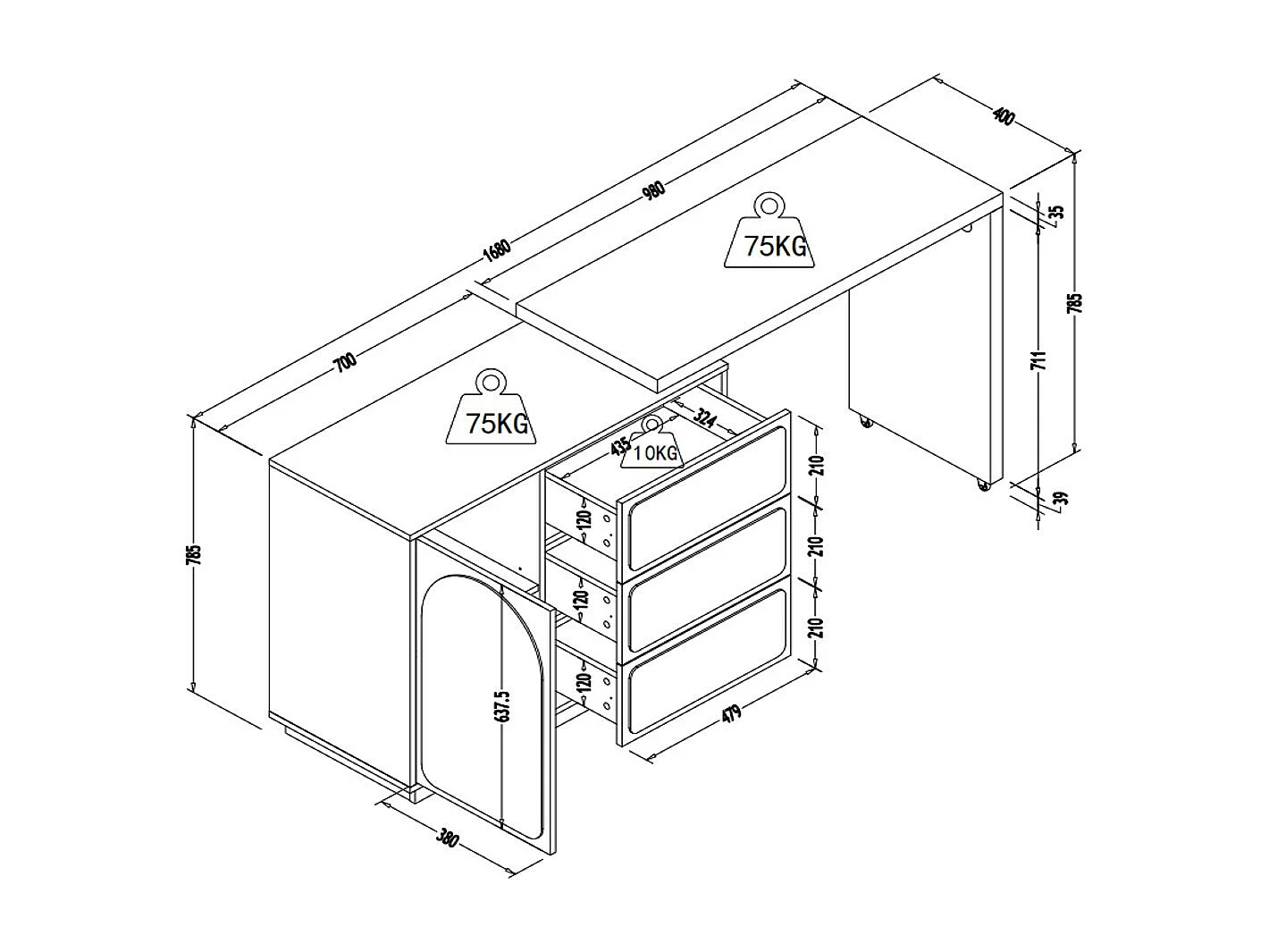 Toucador com canto giratório, 3 gavetas e 1 porta MDF bege - VELANTO