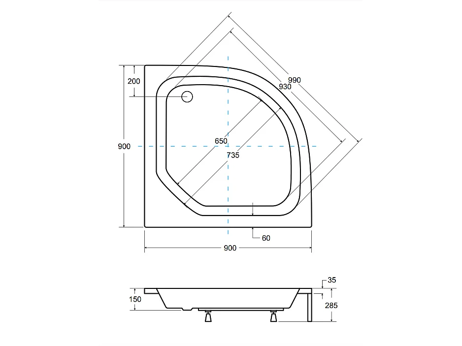 Receveur de douche DIPER II semi-circulaire 80x80 cm et 90x90 cm blanc - Dimensions: 90x90 cm
