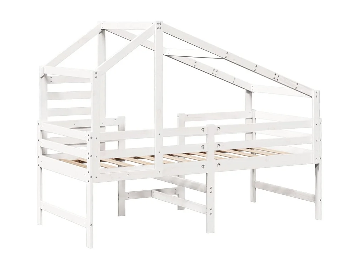 Hochbett mit Leiter und Dach Weiß 90x200 cm Massivholz Kiefer