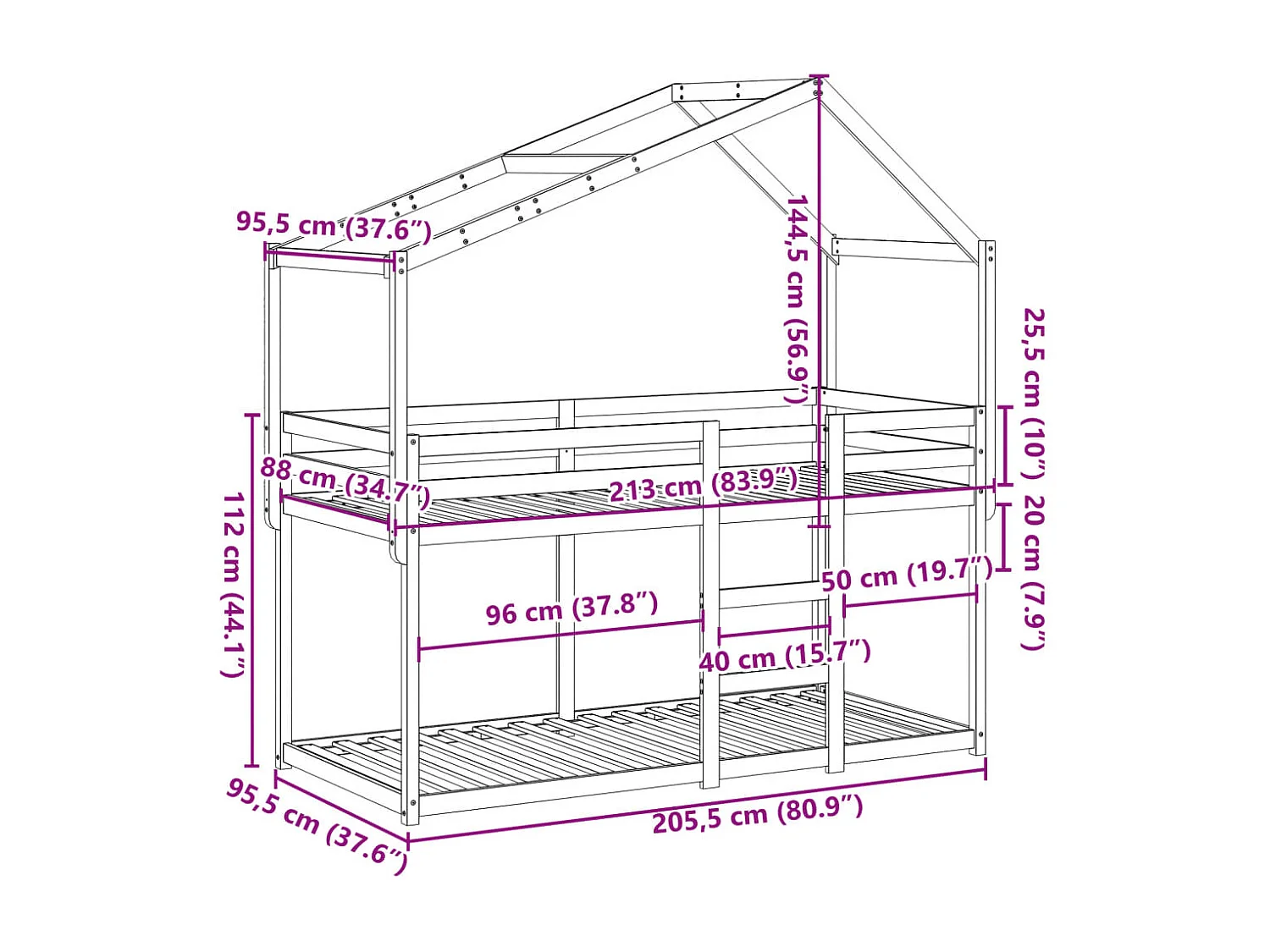 Lit superposé sans matelas 90x200 cm bois de pin massif
