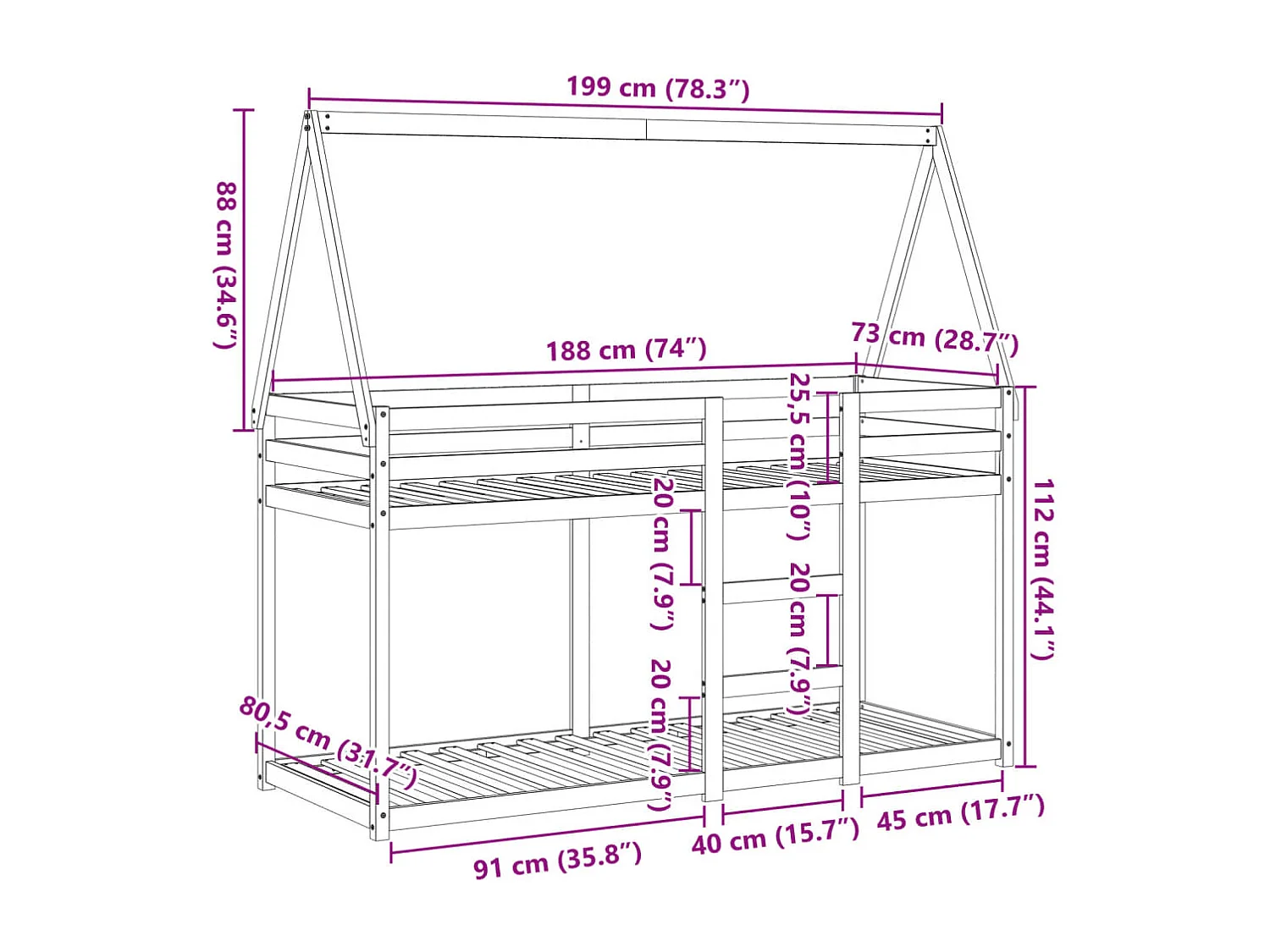 Cama litera con techo madera maciza pino marrón cera 75x190 cm