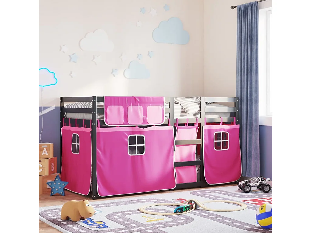 Litera con cortinas madera maciza de pino rosa 90x190 cm