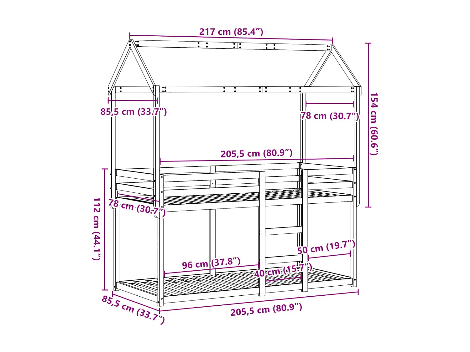 Letto a Castello con Tetto Cera 80x200 cm Legno Massello Pino