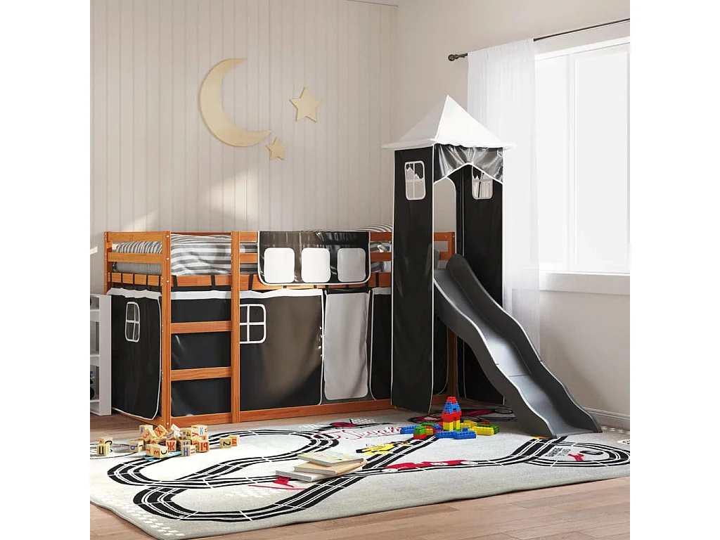 Lit superposé sans matelas avec toboggan blanc noir 90x190 cm