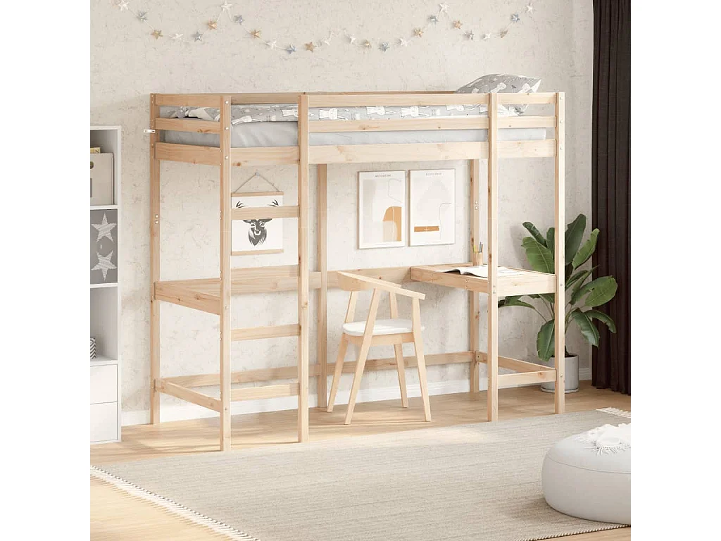 Cama alta con escritorio madera maciza de pino 75x190 cm