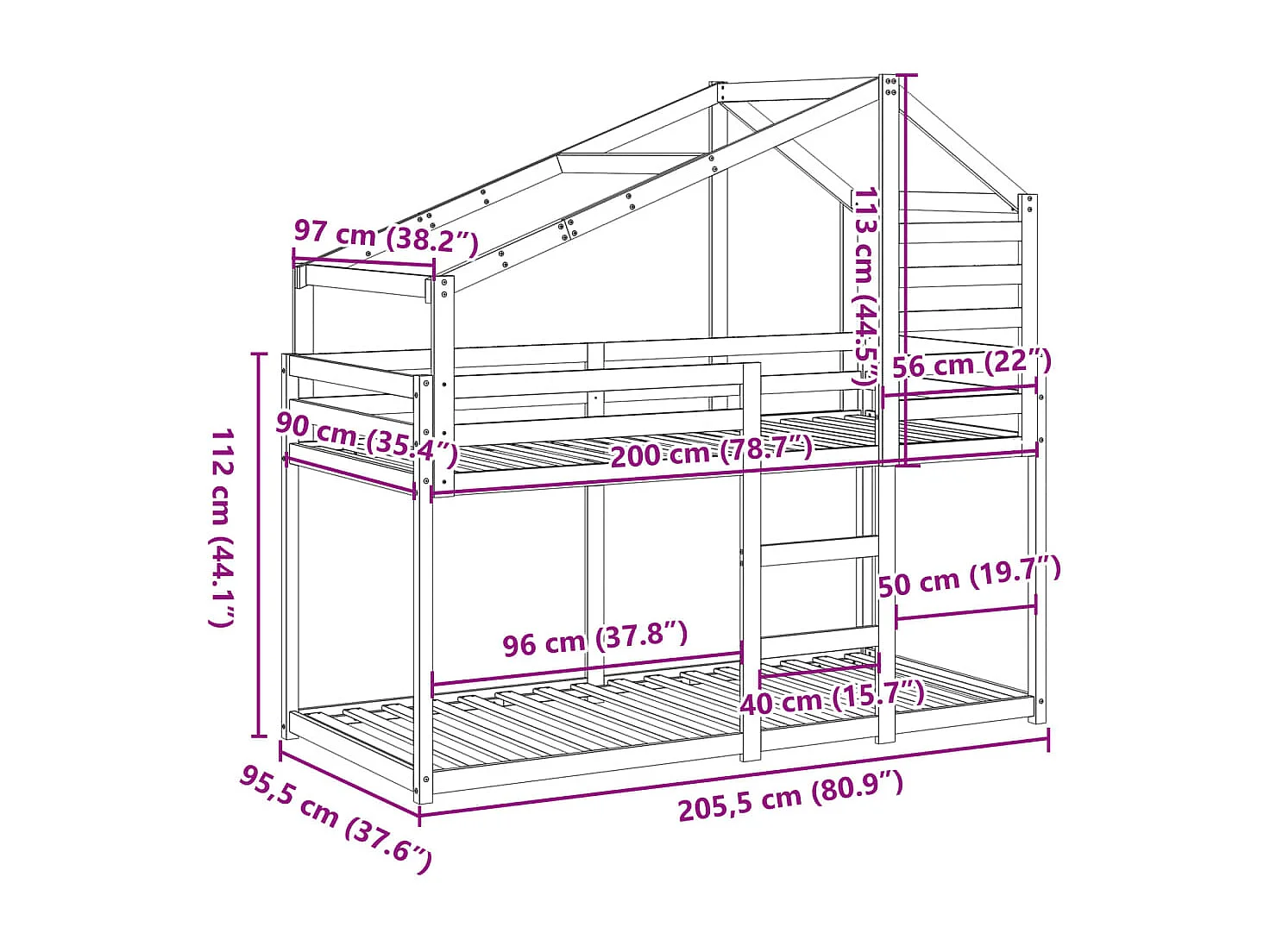 Lit superposé sans matelas blanc 90x200 cm bois de pin massif