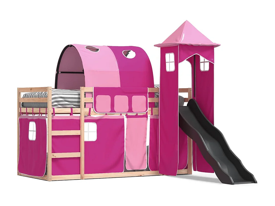 Lit superposé sans matelas avec toboggan et rideaux 80x200 cm