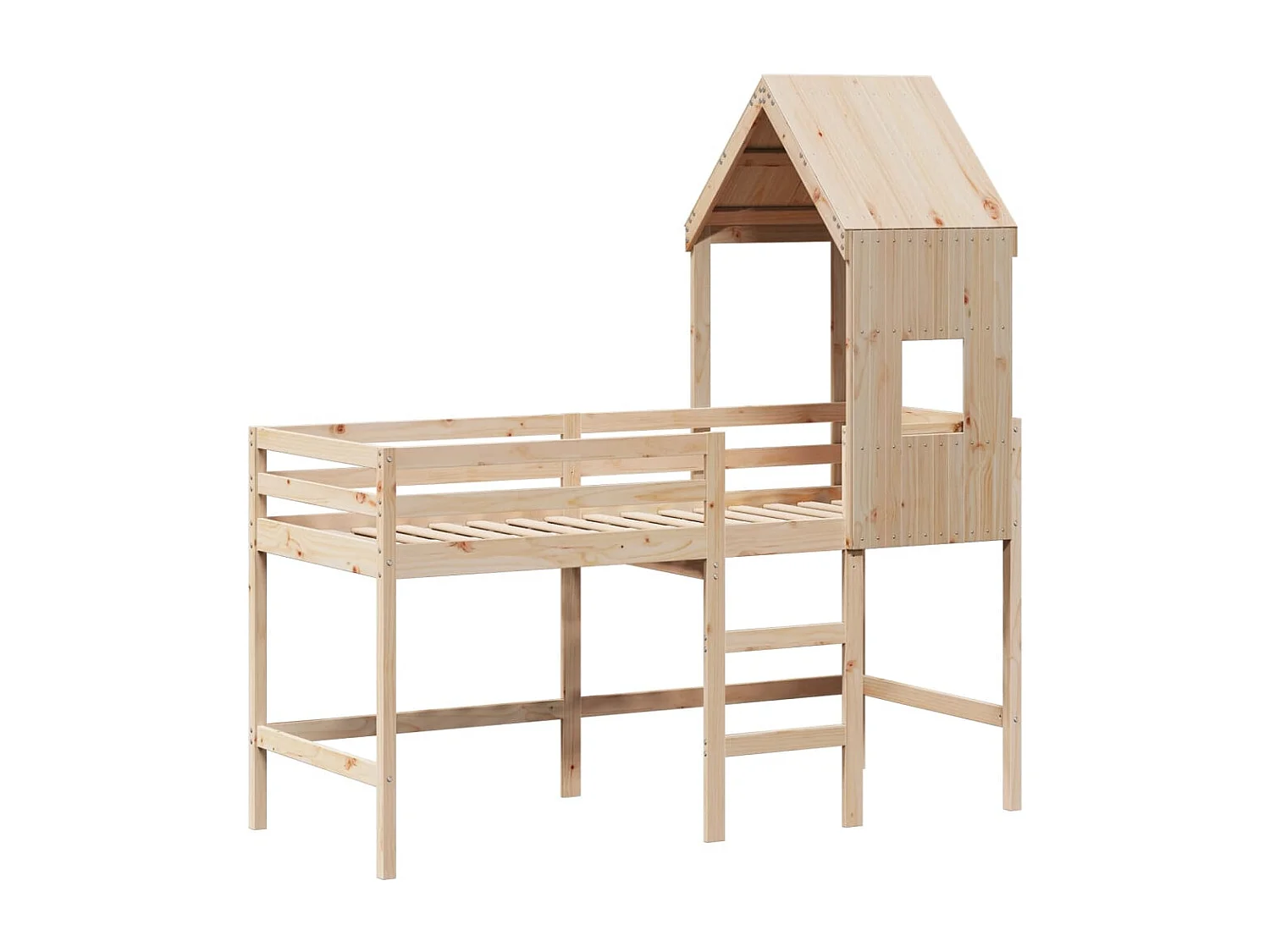 Letto Soppalco con Scala e Tetto 80x200 cm Legno Massello Pino