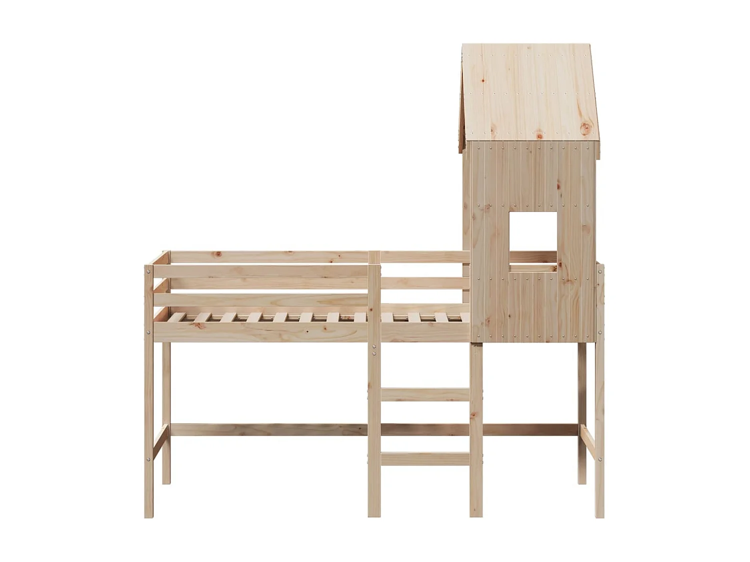 Letto Soppalco con Scala e Tetto 80x200 cm Legno Massello Pino