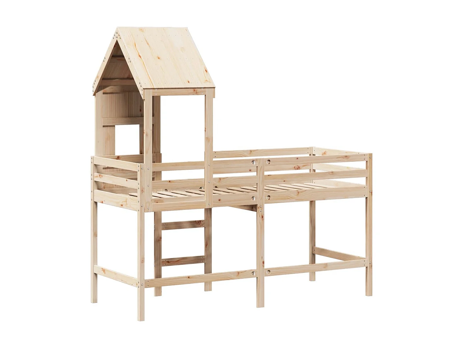 Letto Soppalco con Scala e Tetto 80x200 cm Legno Massello Pino