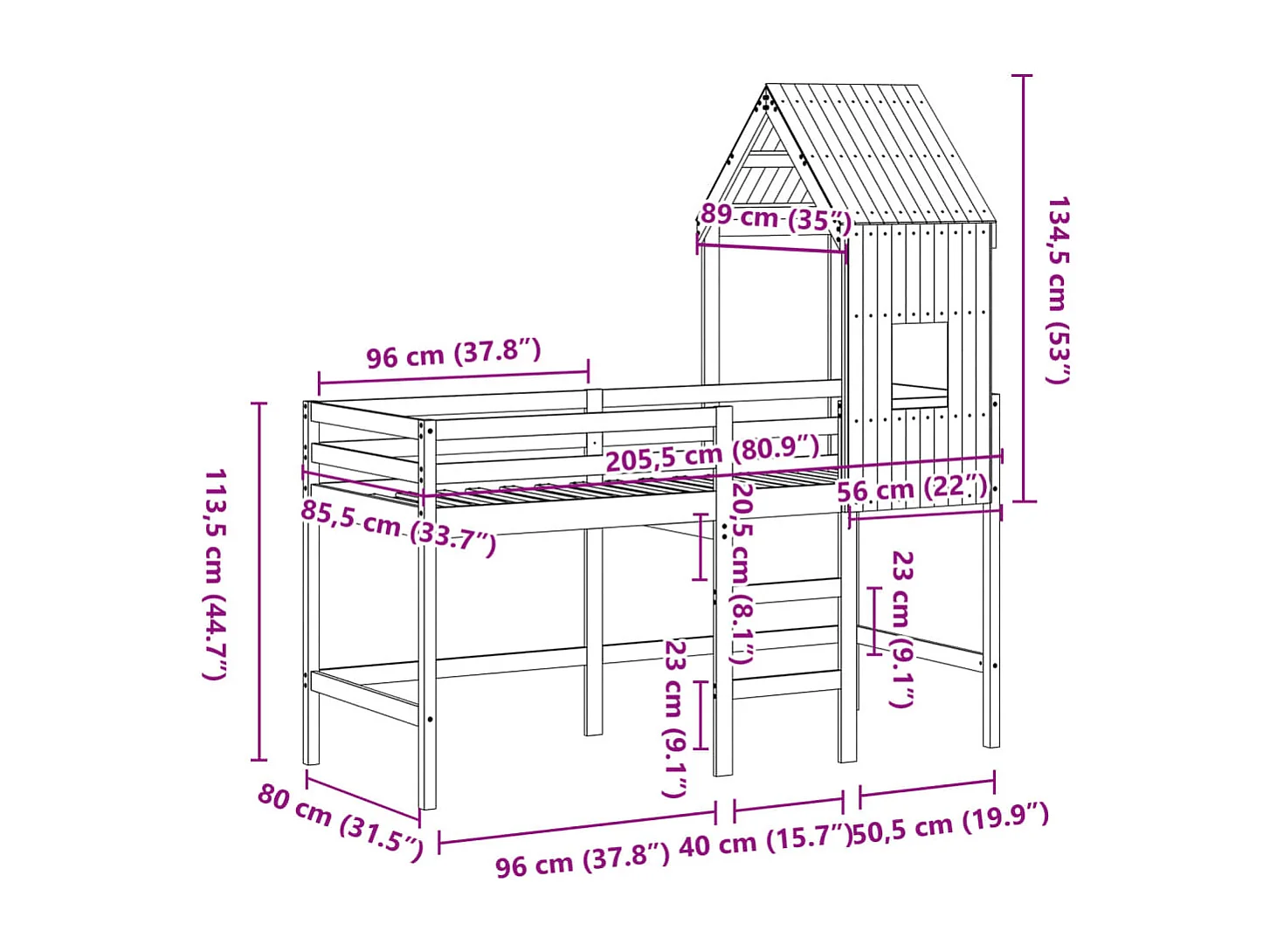 Letto Soppalco con Scala e Tetto 80x200 cm Legno Massello Pino