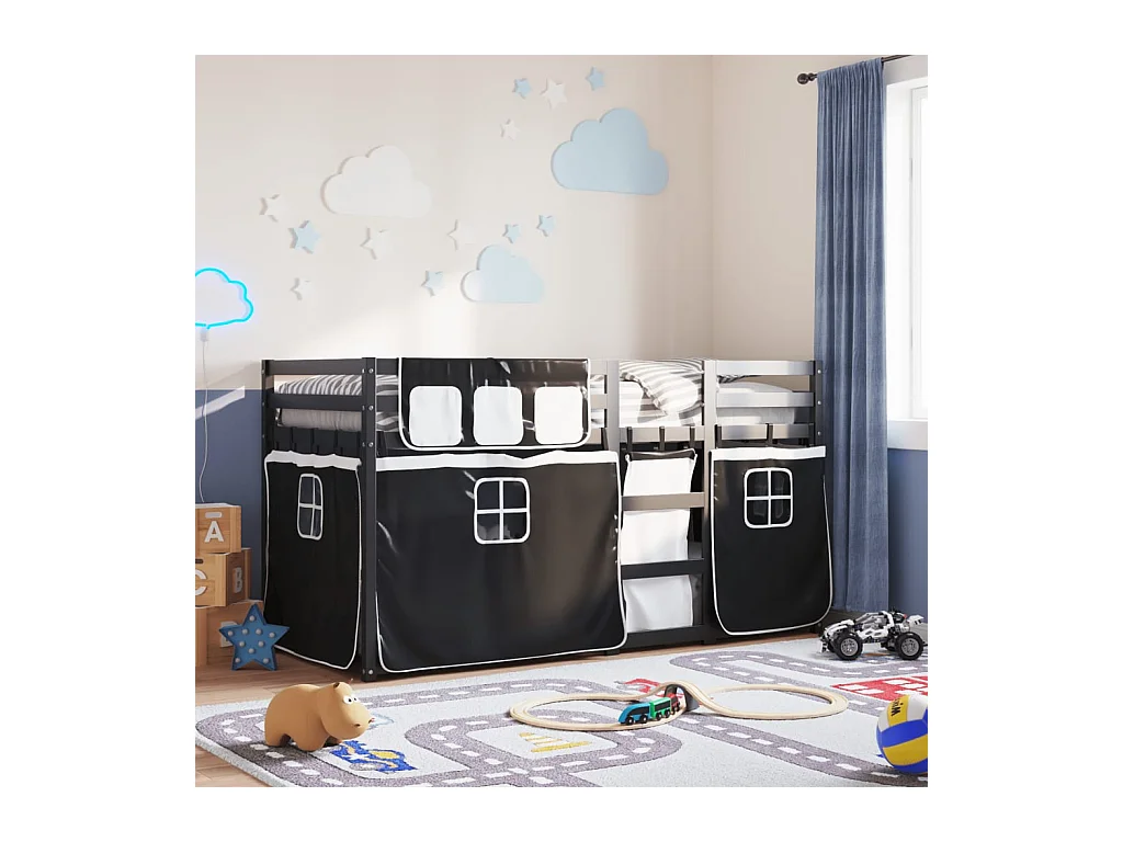 Stapelbed met gordijnen 90x190 cm grenenhout wit en zwart