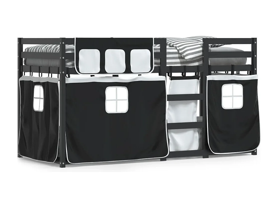 Etagenbett mit Vorhängen Weiß & Schwarz 90x190 cm Kiefernholz