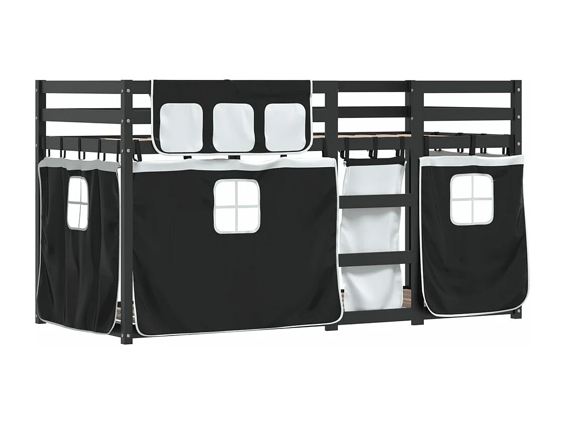 Etagenbett mit Vorhängen Weiß & Schwarz 90x190 cm Kiefernholz