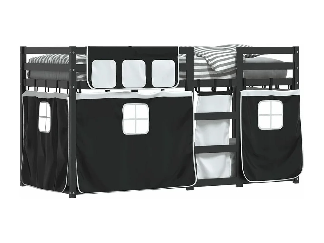 Etagenbett mit Vorhängen Weiß & Schwarz 90x190 cm Kiefernholz