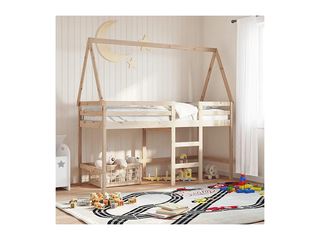 Letto Soppalco con Scala e Tetto 90x200 cm Legno Massello Pino