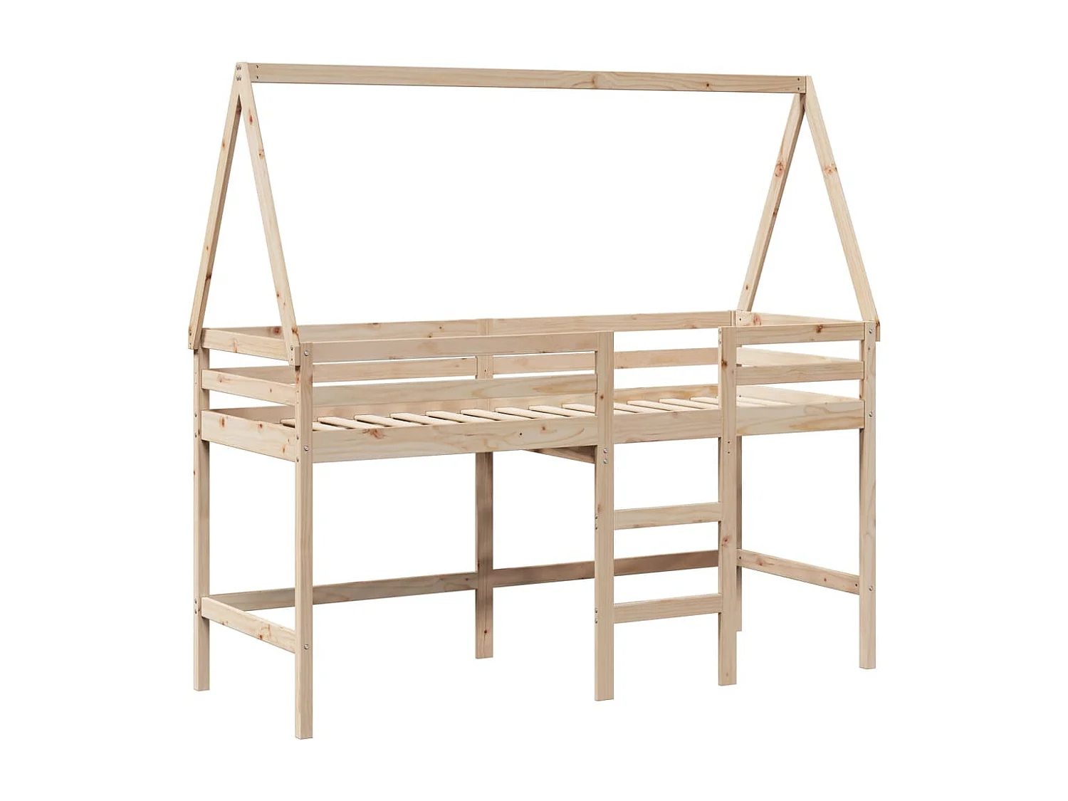 Letto Soppalco con Scala e Tetto 90x200 cm Legno Massello Pino
