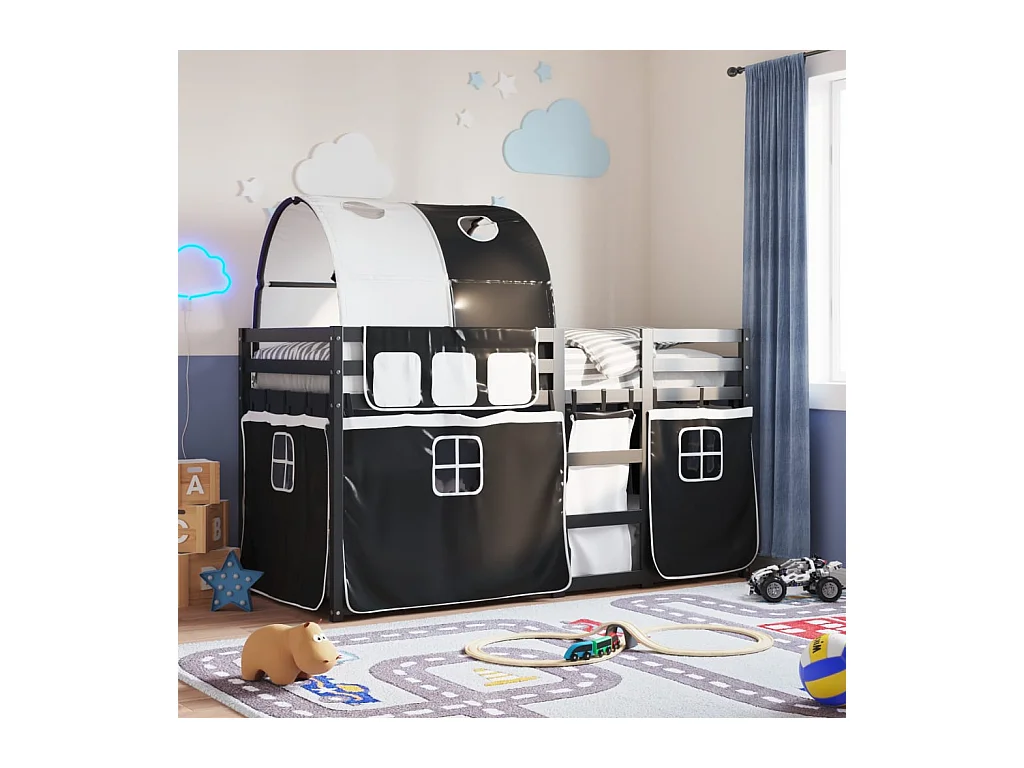 Beliche com cortinas 90x190 cm pinho maciço branco e preto